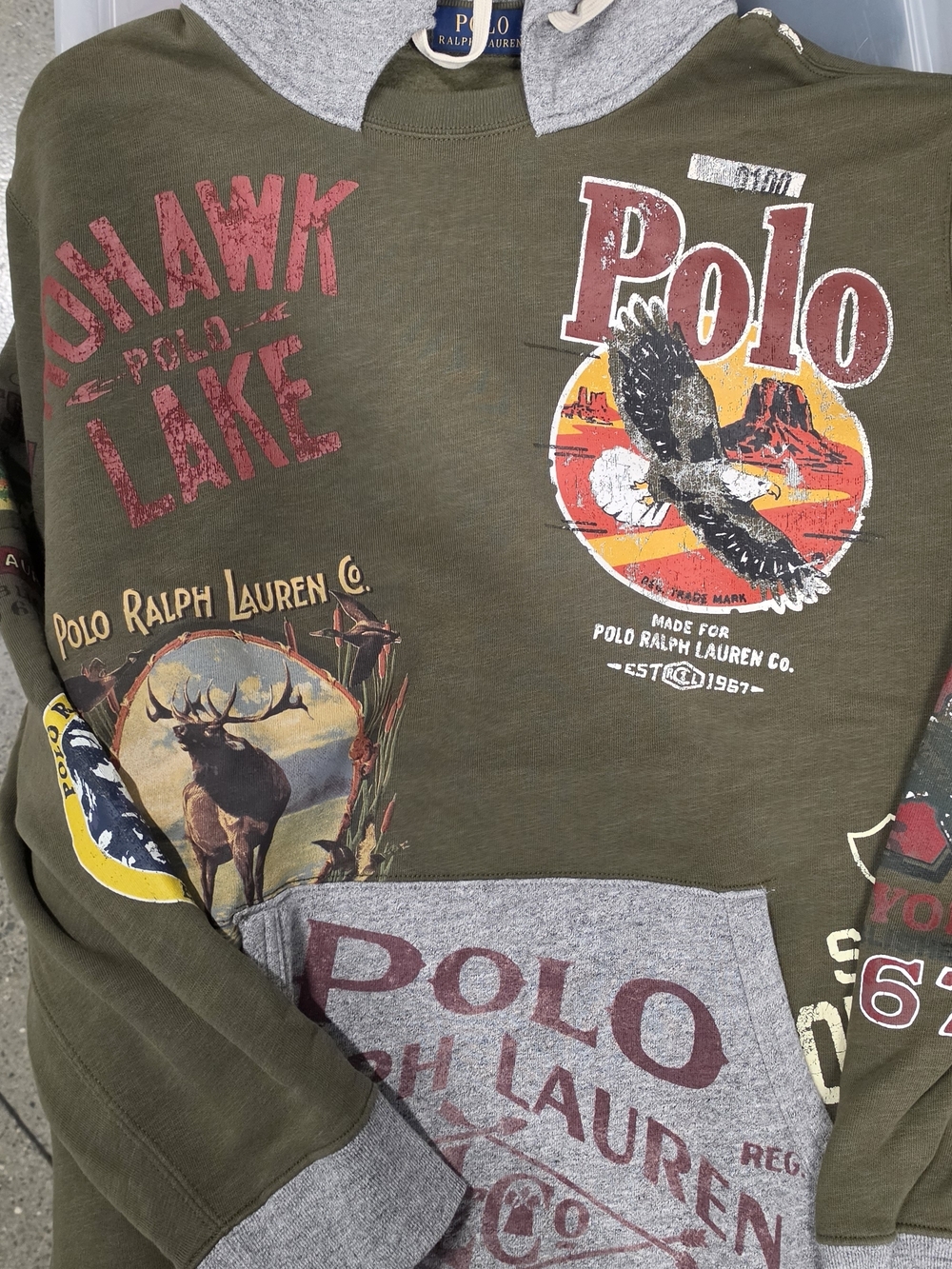 Mowhawk Lake Ralph Lauren Olive Hoodie with Gray Hood and Red Graphic